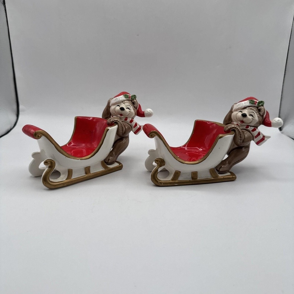 Vintage FITZ AND FLOYD Christmas Teddy Bear Sleigh Candle Holder Dish
